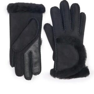 UGG Genuine Leather & Suede Exposed Seam Black Shearling Lined Gloves Medium